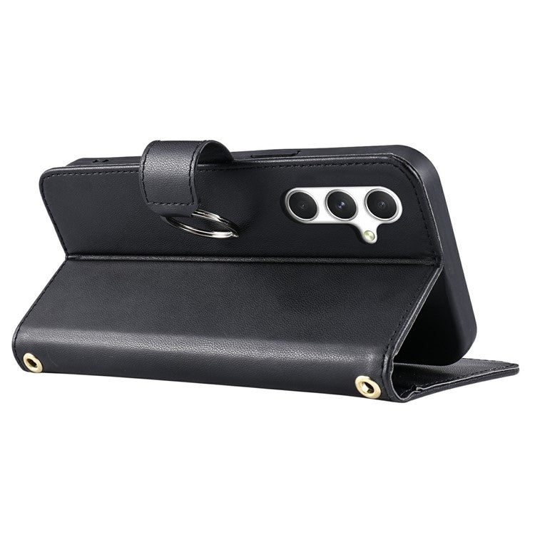 For Samsung Galaxy S24 Crossbody Leather Case Ring Buckle Wallet Stand Rhombus Mobile Cover - Black