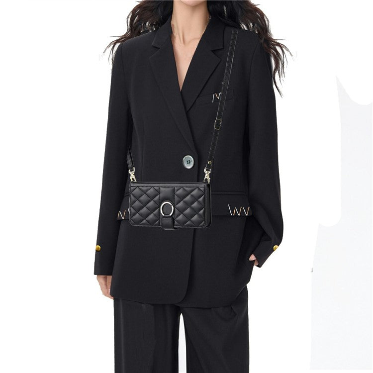 For Samsung Galaxy S24 Crossbody Leather Case Ring Buckle Wallet Stand Rhombus Mobile Cover - Black