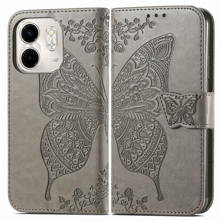 For Infinix Smart 9 4G Case PU Leather Wallet Phone Cover Butterfly Pattern - Grey