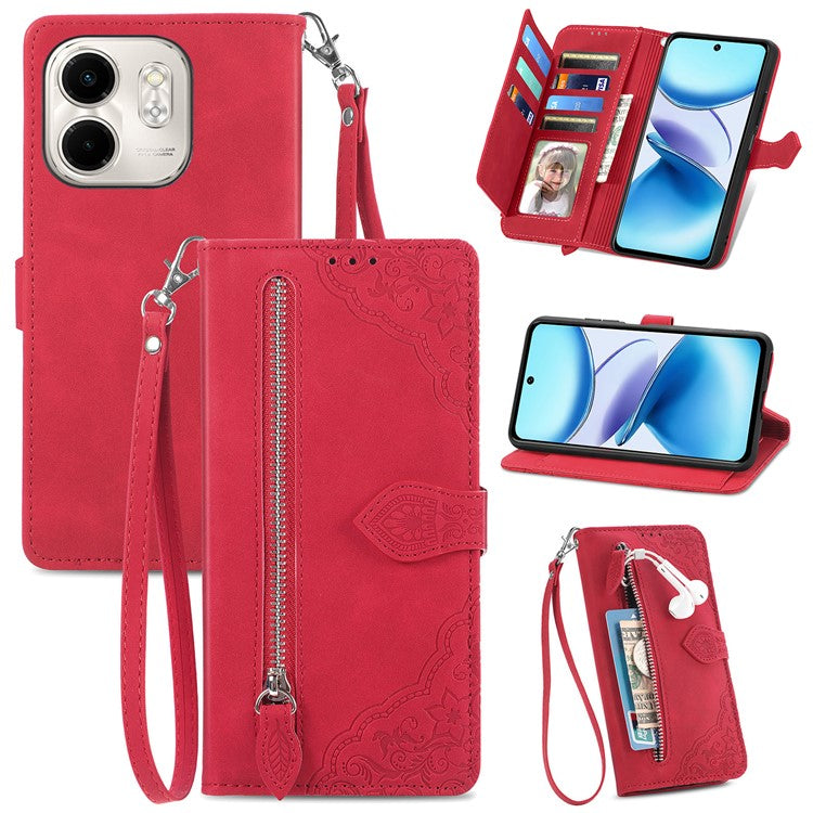 For Infinix Smart 9 4G Case Zipper Wallet PU Leather Flower Imprint Phone Cover - Red