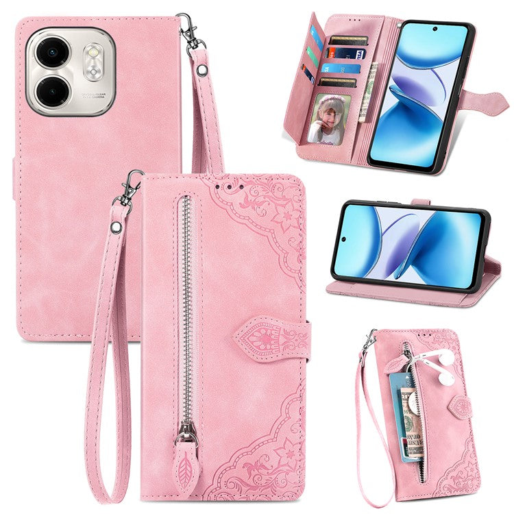 For Infinix Smart 9 4G Case Zipper Wallet PU Leather Flower Imprint Phone Cover - Pink