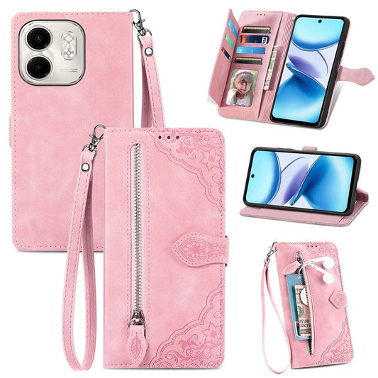 For Infinix Smart 9 4G Case Zipper Wallet PU Leather Flower Imprint Phone Cover - Pink