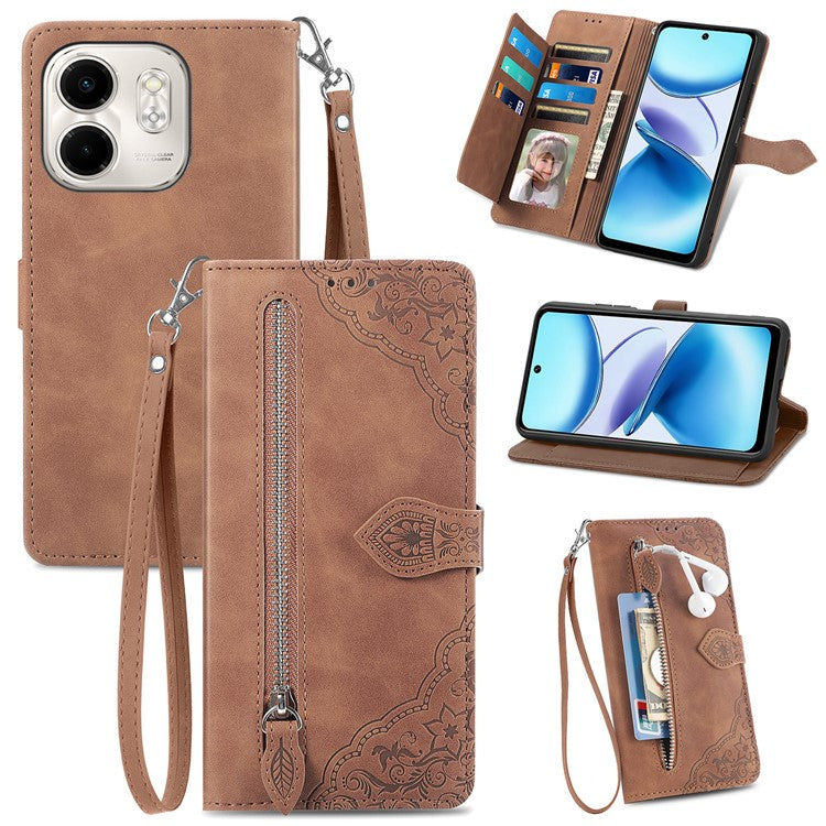 For Infinix Smart 9 4G Case Zipper Wallet PU Leather Flower Imprint Phone Cover - Brown