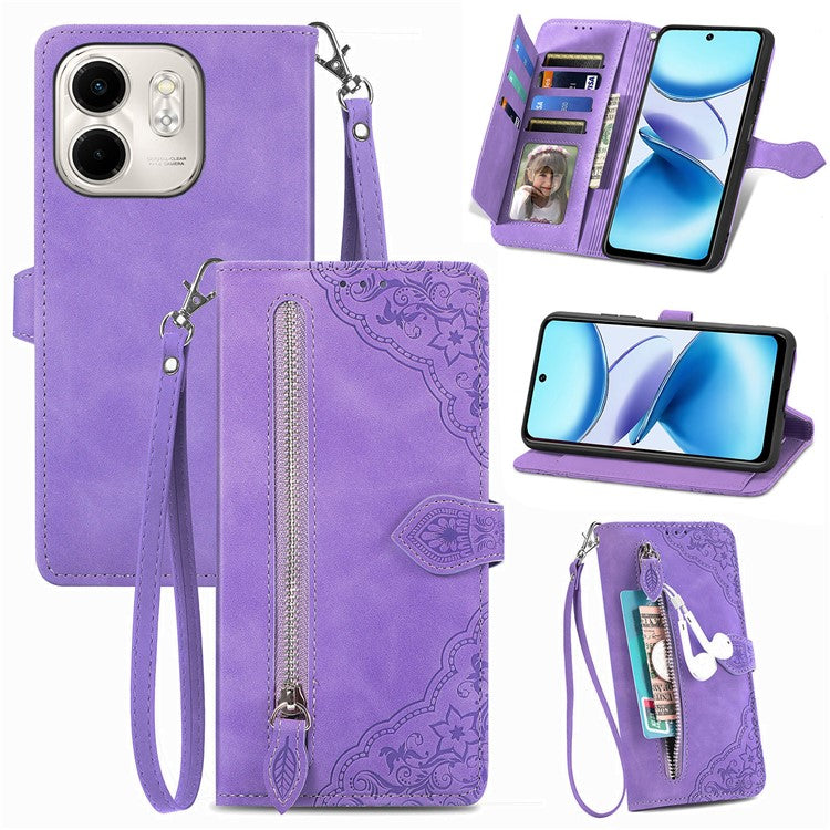 For Infinix Smart 9 4G Case Zipper Wallet PU Leather Flower Imprint Phone Cover - Light Purple