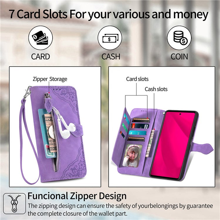 For Infinix Smart 9 4G Case Zipper Wallet PU Leather Flower Imprint Phone Cover - Light Purple