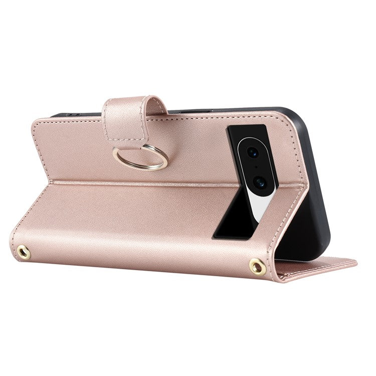 For Google Pixel 8 Crossbody Leather Case Ring Buckle Wallet Stand Rhombus Mobile Cover - Rose Gold