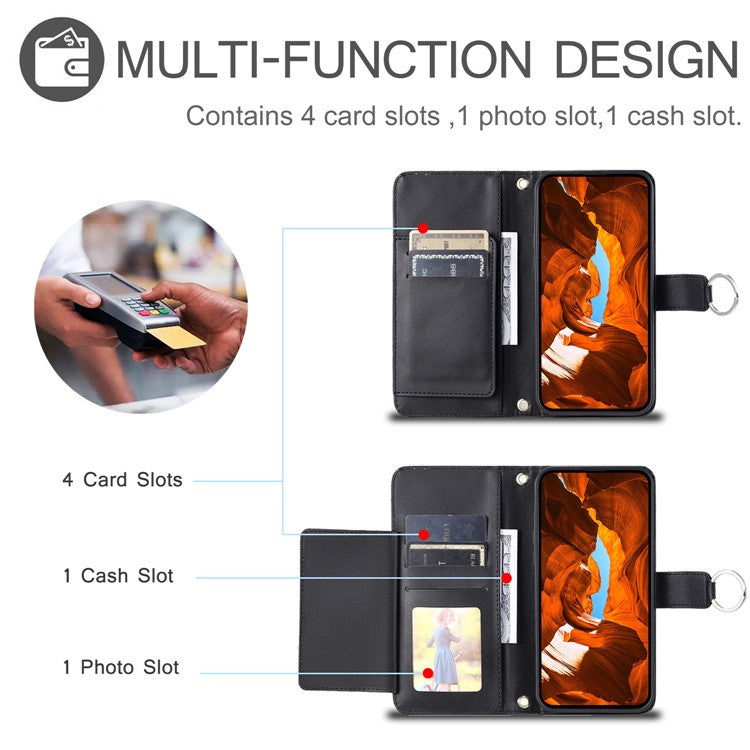 For Google Pixel 8 Pro Crossbody Leather Case Ring Buckle Wallet Stand Rhombus Mobile Cover - Black