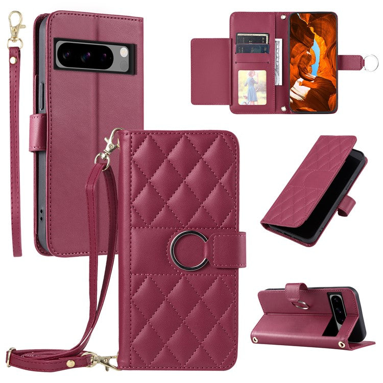For Google Pixel 8 Pro Crossbody Leather Case Ring Buckle Wallet Stand Rhombus Mobile Cover - Red