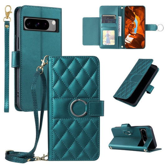 For Google Pixel 8 Pro Crossbody Leather Case Ring Buckle Wallet Stand Rhombus Mobile Cover - Green