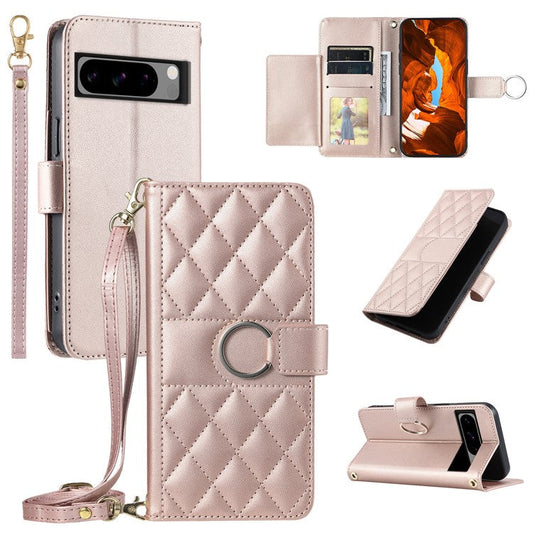 For Google Pixel 8 Pro Crossbody Leather Case Ring Buckle Wallet Stand Rhombus Mobile Cover - Rose Gold