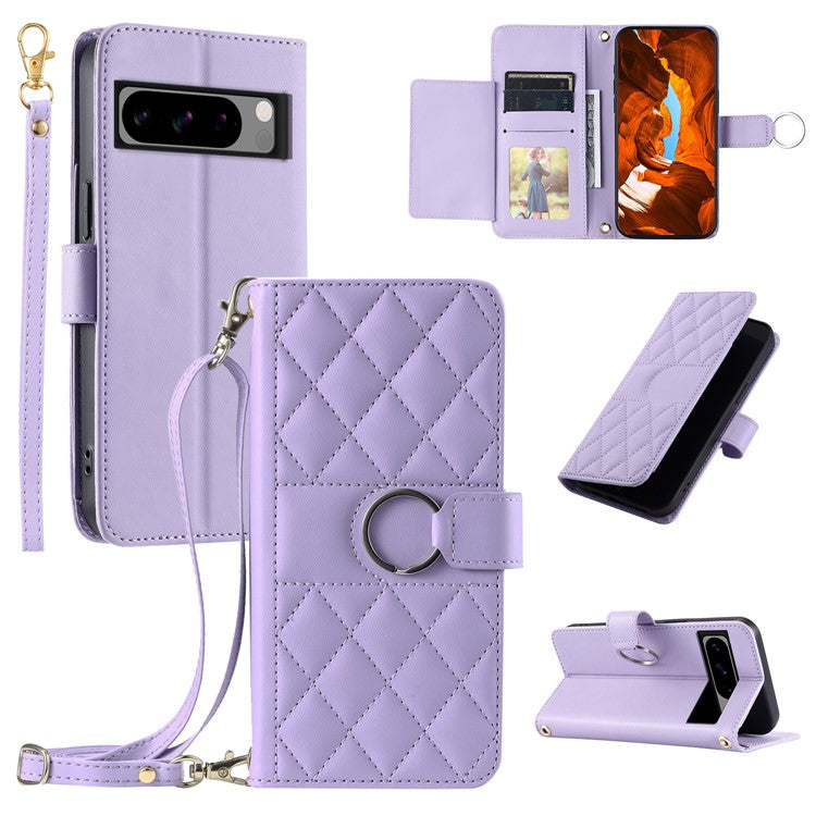 For Google Pixel 8 Pro Crossbody Leather Case Ring Buckle Wallet Stand Rhombus Mobile Cover - Purple