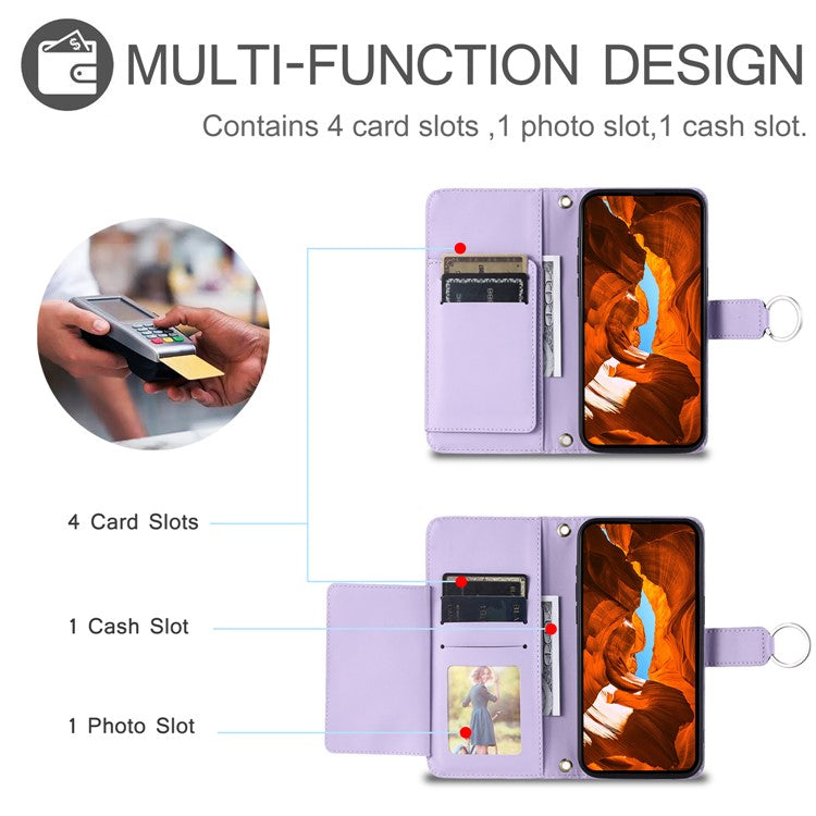 For Google Pixel 8 Pro Crossbody Leather Case Ring Buckle Wallet Stand Rhombus Mobile Cover - Purple