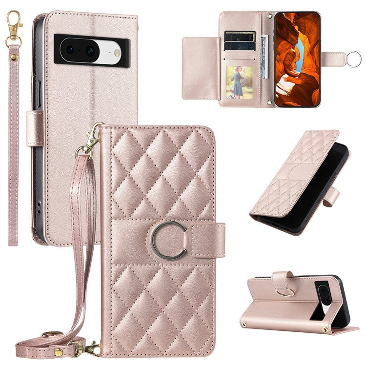For Google Pixel 8a Crossbody Leather Case Ring Buckle Wallet Stand Rhombus Mobile Cover - Rose Gold