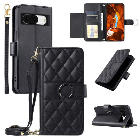 For Google Pixel 8a Crossbody Leather Case Ring Buckle Wallet Stand Rhombus Mobile Cover - Black