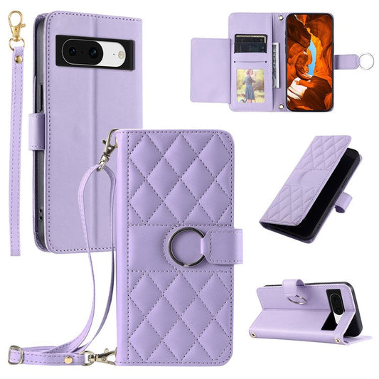 For Google Pixel 8a Crossbody Leather Case Ring Buckle Wallet Stand Rhombus Mobile Cover - Purple