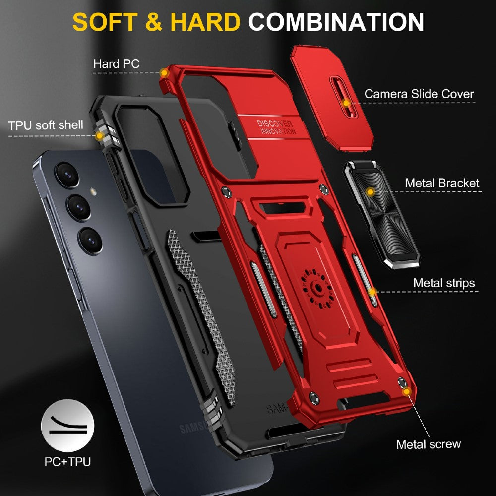 For Samsung Galaxy A16 4G / 5G Case Kickstand Slide Lens Lid PC+TPU Drop-Proof Phone Cover - Red