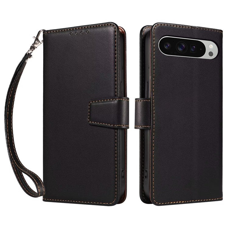 For Google Pixel 9 /  9 Pro Case RFID Blocking Leather Wallet Flip Phone Cover with Wrist Strap - Black