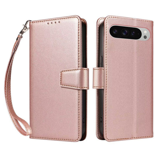 For Google Pixel 9 /  9 Pro Case RFID Blocking Leather Wallet Flip Phone Cover with Wrist Strap - Rose Gold