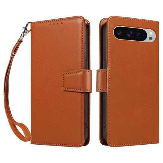 For Google Pixel 9 /  9 Pro Case RFID Blocking Leather Wallet Flip Phone Cover with Wrist Strap - Light Brown