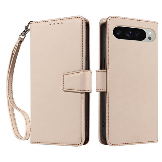 For Google Pixel 9 /  9 Pro Case RFID Blocking Leather Wallet Flip Phone Cover with Wrist Strap - Apricot
