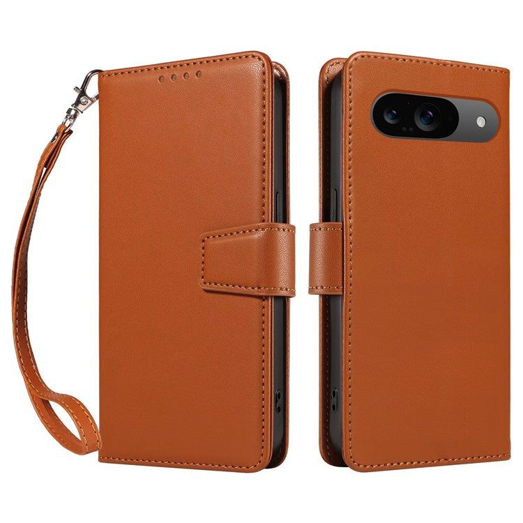 For Google Pixel 9 Case RFID Blocking Leather Wallet Flip Phone Cover with Wrist Strap - Light Brown