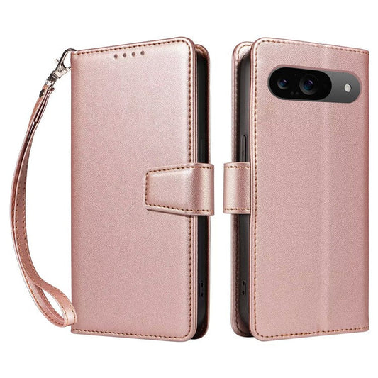 For Google Pixel 9 Case RFID Blocking Leather Wallet Flip Phone Cover with Wrist Strap - Rose Gold