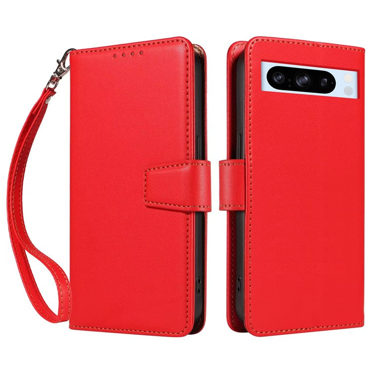 For Google Pixel 8 Pro Case RFID Blocking Leather Wallet Flip Phone Cover with Wrist Strap - Red