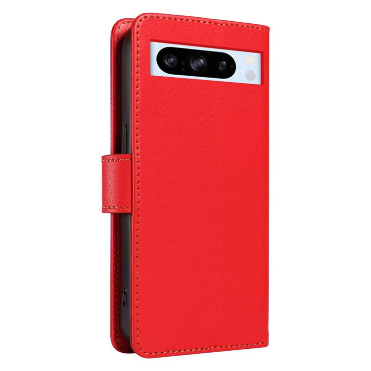 For Google Pixel 8 Pro Case RFID Blocking Leather Wallet Flip Phone Cover with Wrist Strap - Red