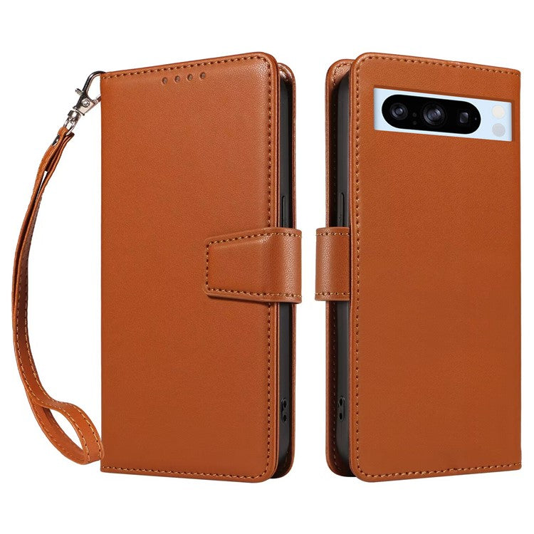 For Google Pixel 8 Pro Case RFID Blocking Leather Wallet Flip Phone Cover with Wrist Strap - Light Brown