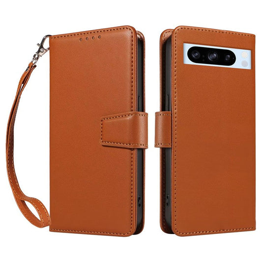 For Google Pixel 8 Pro Case RFID Blocking Leather Wallet Flip Phone Cover with Wrist Strap - Light Brown
