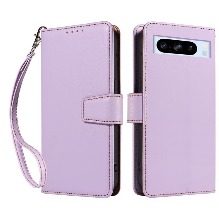 For Google Pixel 8 Pro Case RFID Blocking Leather Wallet Flip Phone Cover with Wrist Strap - Purple