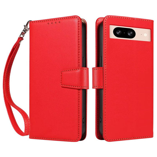 For Google Pixel 8 Case RFID Blocking Leather Wallet Flip Phone Cover with Wrist Strap - Red