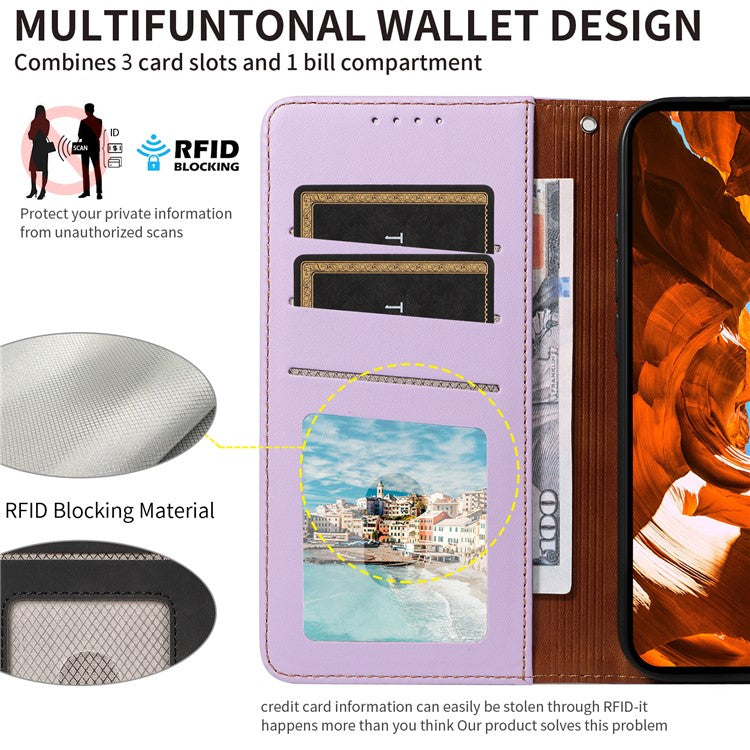 For Google Pixel 8 Case RFID Blocking Leather Wallet Flip Phone Cover with Wrist Strap - Purple