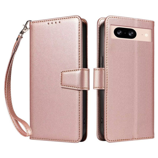 For Google Pixel 8 Case RFID Blocking Leather Wallet Flip Phone Cover with Wrist Strap - Rose Gold