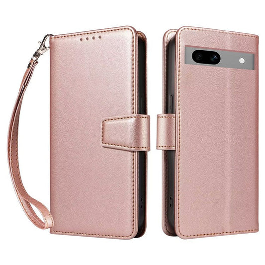 For Google Pixel 7a Case RFID Blocking Leather Wallet Flip Phone Cover with Wrist Strap - Rose Gold