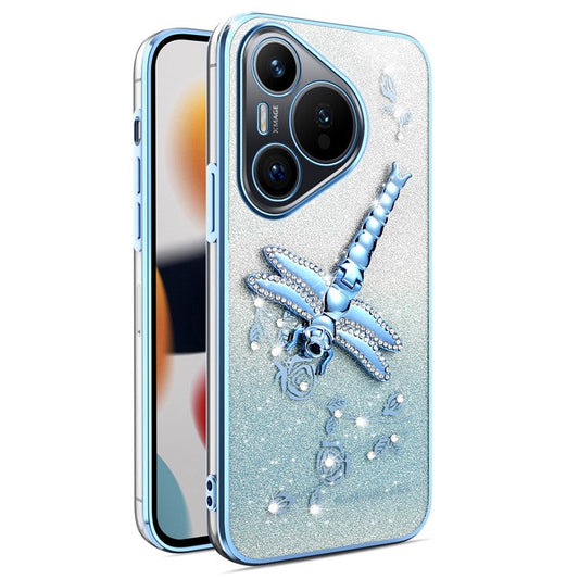 KADEM For Huawei Pura 70 Case Dragonfly Kickstand TPU Flowers Glitter Phone Cover - Blue