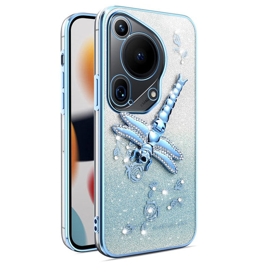 KADEM For Huawei Pura 70 Ultra Case Dragonfly Kickstand TPU Flowers Glitter Phone Cover - Blue