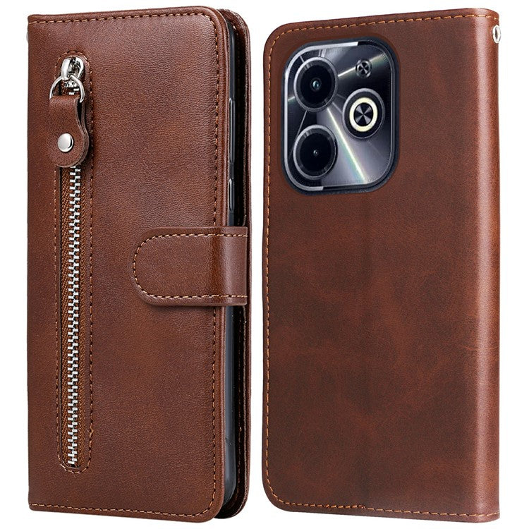 Zipper Wallet Case for Infinix Smart 8 Plus / Smart 8 Pro 4G / Smart 8 4G / Hot 40i / TECNO Spark 20 / Spark Go 2024 4G Leather Cover - Brown