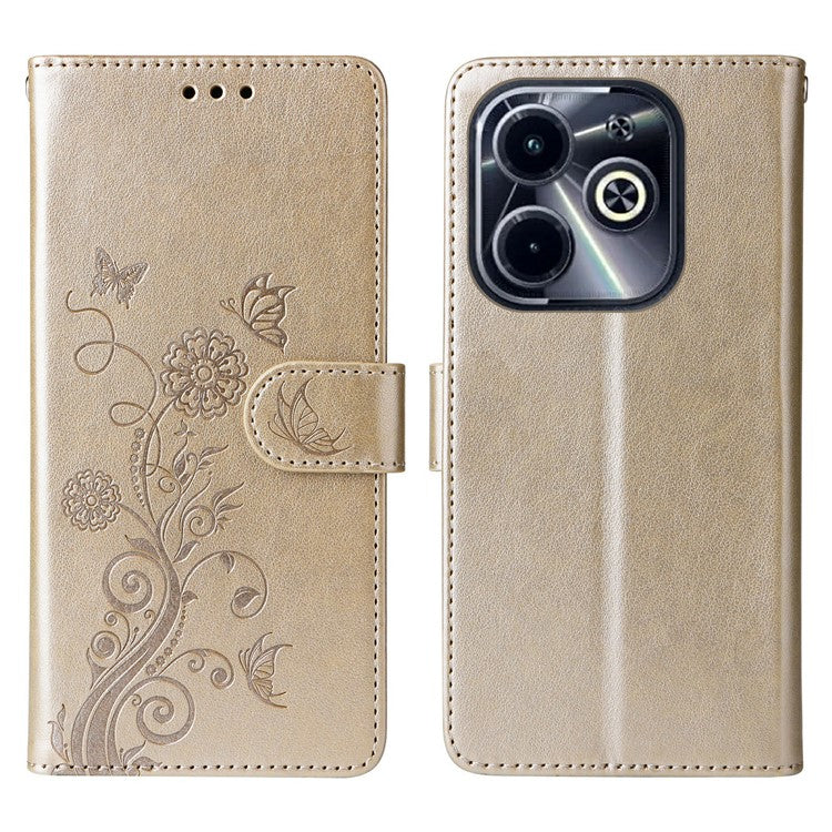 Leather Case for Infinix Smart 8 Plus / Smart 8 Pro 4G / Smart 8 4G / Hot 40i / TECNO Spark 20 / Spark Go 2024 4G Butterfly Floral Cover - Gold