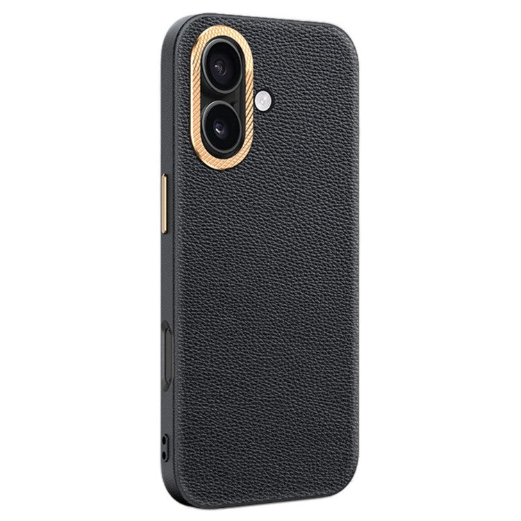 For iPhone 16 Phone Case Leather+TPU Back Cover with Metal Lens Frame - Black