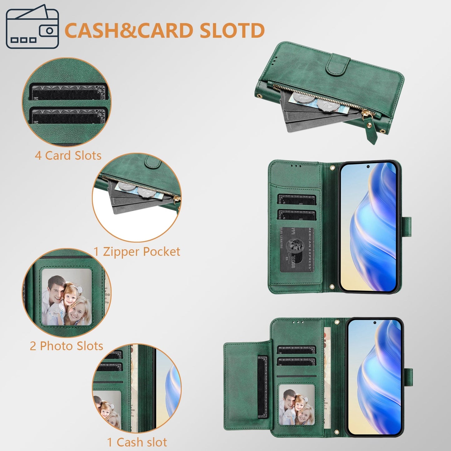 For Samsung Galaxy A16 5G / Galaxy A16 4G Case Zipper Pocket Multiple Card Slots Leather Phone Cover - Green