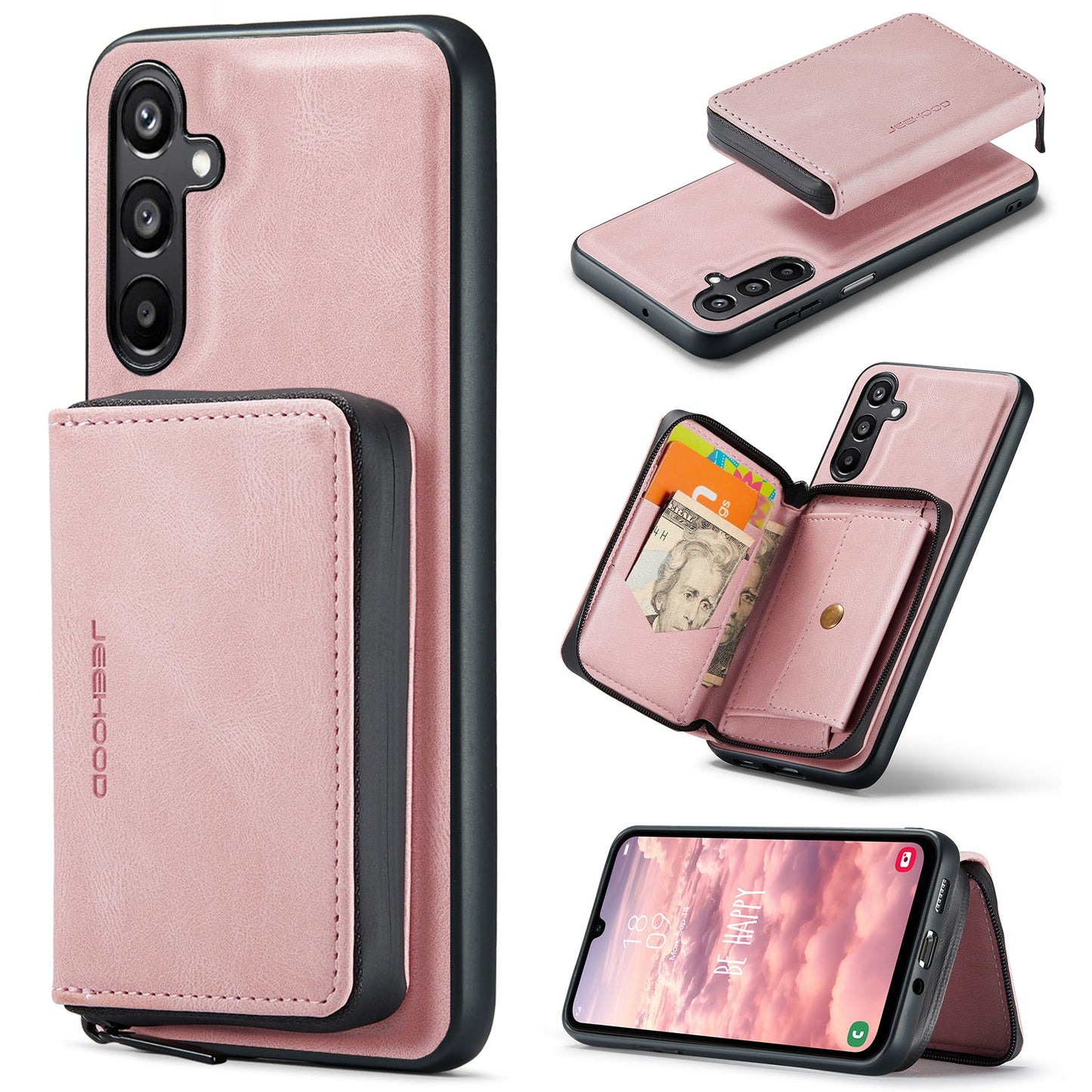 For Samsung Galaxy A16 5G Case JEEHOOD J02 Leather Back Cover with Detachable Zipper Card Holder Kickstand - Pink