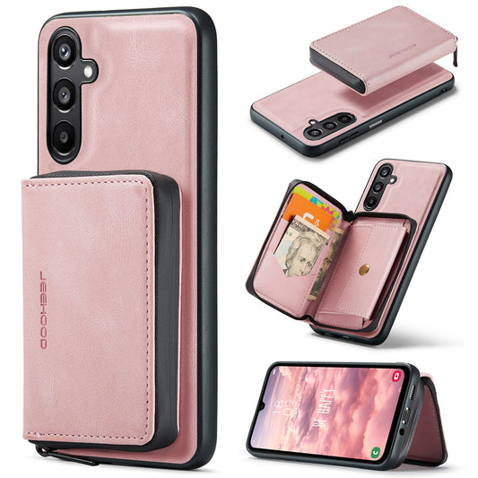 For Samsung Galaxy A16 5G Case JEEHOOD J02 Leather Back Cover with Detachable Zipper Card Holder Kickstand - Pink
