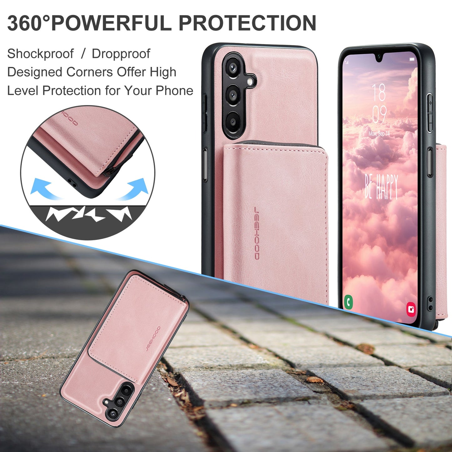 For Samsung Galaxy A16 5G Case JEEHOOD J02 Leather Back Cover with Detachable Zipper Card Holder Kickstand - Pink