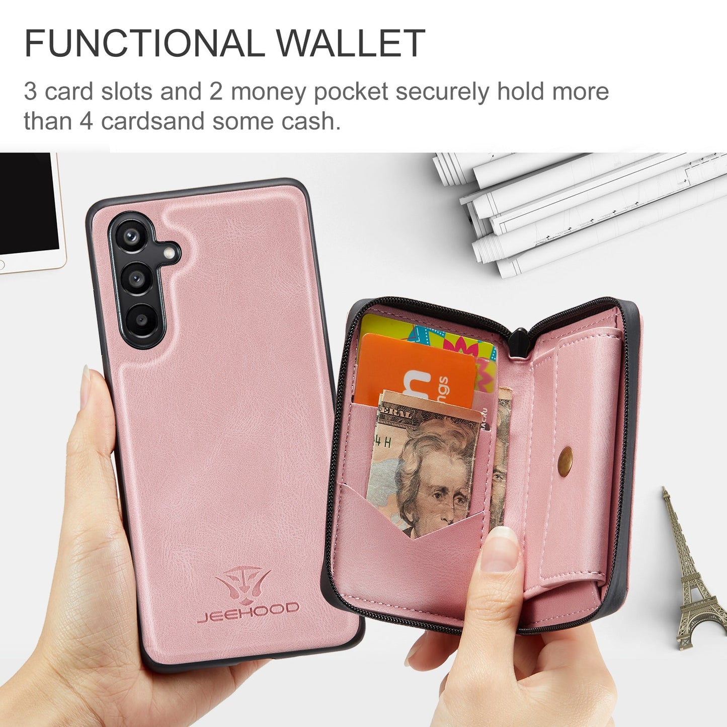 For Samsung Galaxy A16 5G Case JEEHOOD J02 Leather Back Cover with Detachable Zipper Card Holder Kickstand - Pink