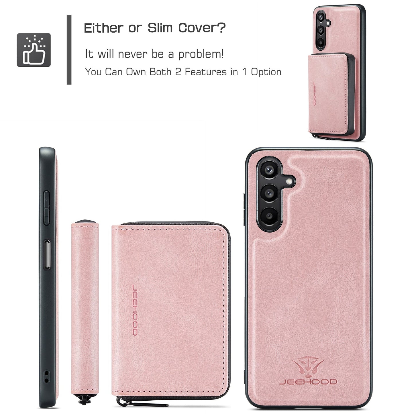 For Samsung Galaxy A16 5G Case JEEHOOD J02 Leather Back Cover with Detachable Zipper Card Holder Kickstand - Pink