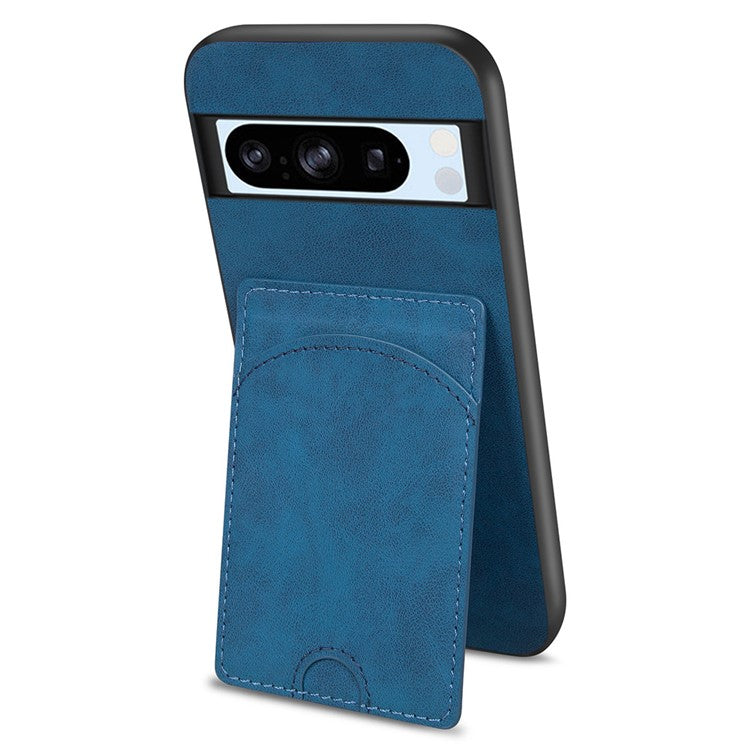 For Google Pixel 9 Pro  /  Pixel 9 Case Kickstand Leather Coated TPU Phone Cover with Card Slot - Blue