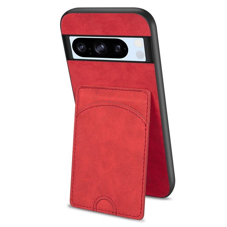 For Google Pixel 9 Pro  /  Pixel 9 Case Kickstand Leather Coated TPU Phone Cover with Card Slot - Red