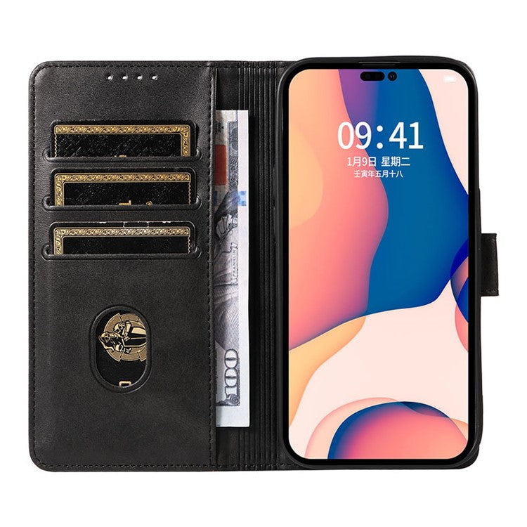 For iPhone 16 Pro Case Calf Texture Magnetic Clasp Wallet PU Leather Phone Cover - Khaki