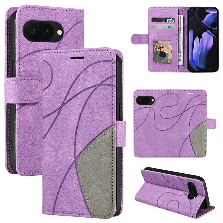 For Google Pixel 9a Case Color Splicing Leather Phone Cover Wallet Stand - Light Purple